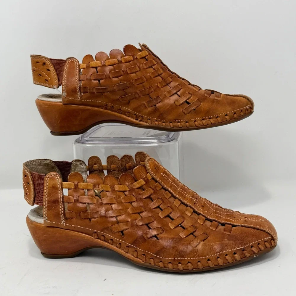 Pikolinos Woven Leather Slingback Wedge Shoes Tan Artisan Handcrafted EU 37